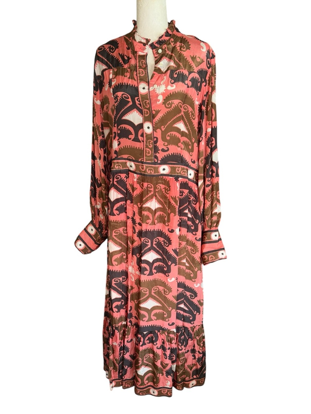 Oliphant Uzbek Coral Printed Shirt Waist Maxi Dress - L - Picture 3 of 11